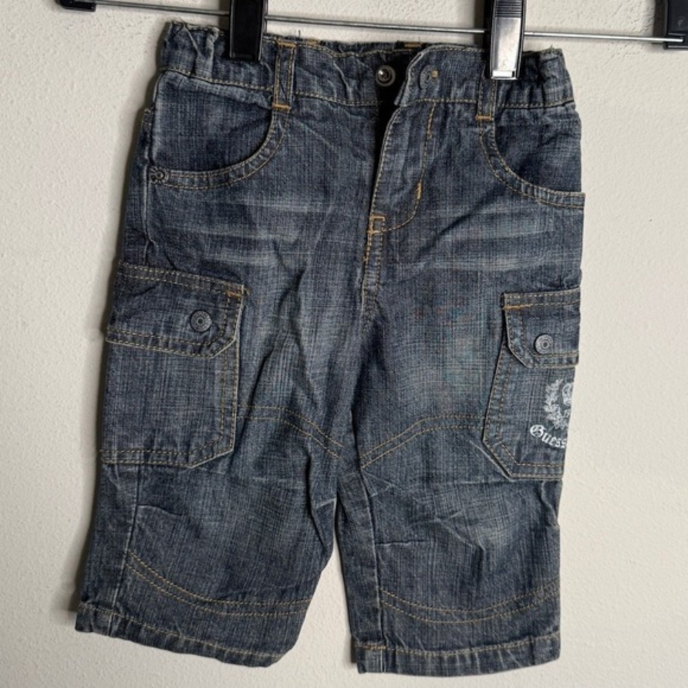 Vintage‎ Guess Baby 6-9M Blue Distressed Logo Denim Cargo Shorts Retro Casual